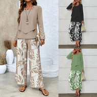Ladies Two-Piece Lounge Set with Overlapping Long Sleeve and Wide Palazzo Pants Mune Fashion