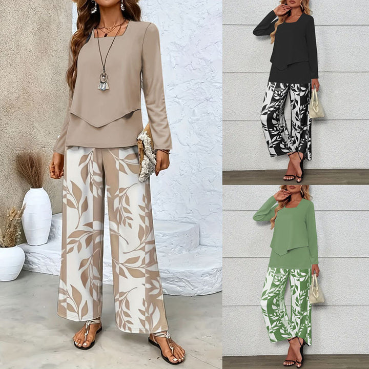 Ladies Two-Piece Lounge Set with Overlapping Long Sleeve and Wide Palazzo Pants Mune Fashion