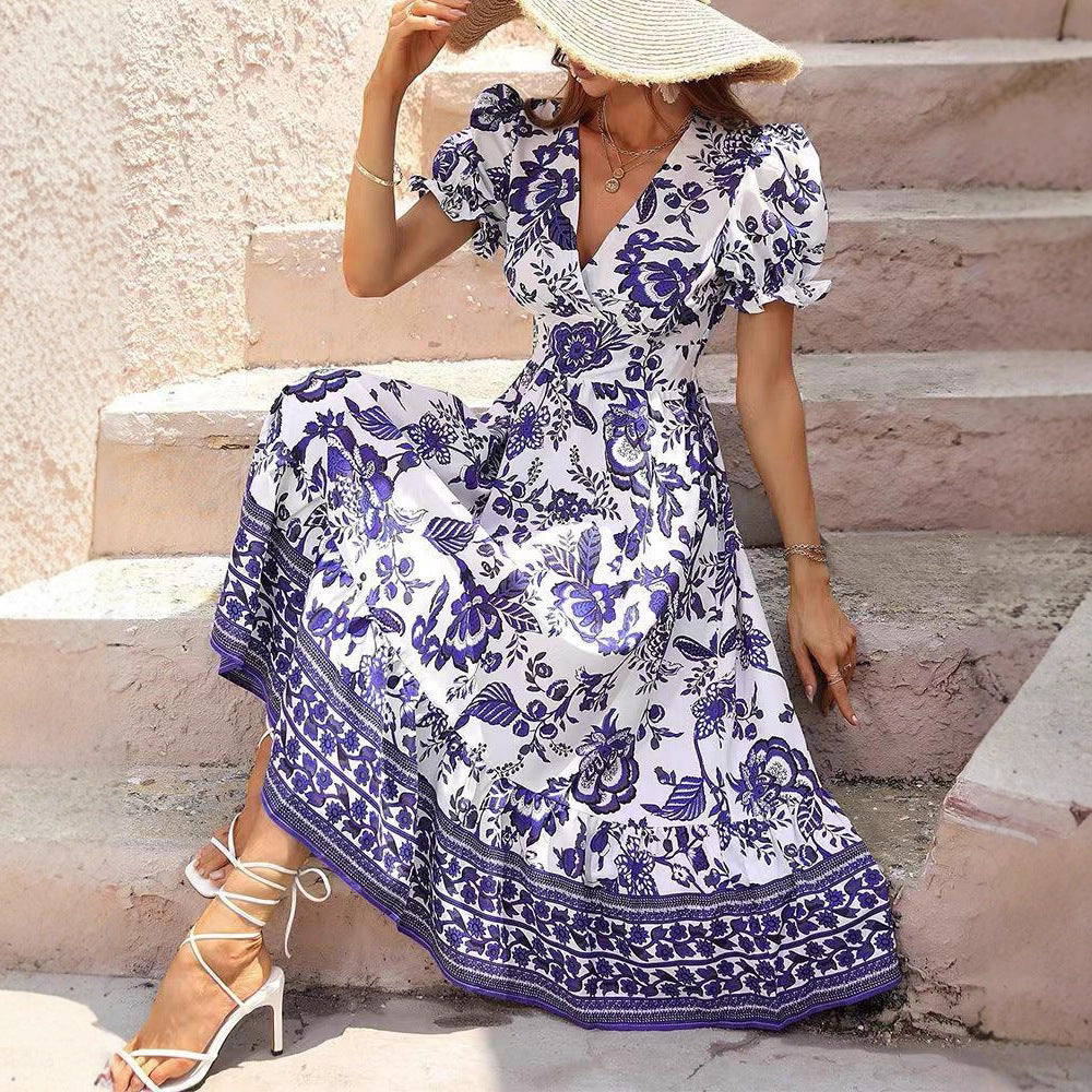 Women's tailored Boho maxi dress with wrap look V-neck puff sleeves and border tiered skirt Mune Fashion