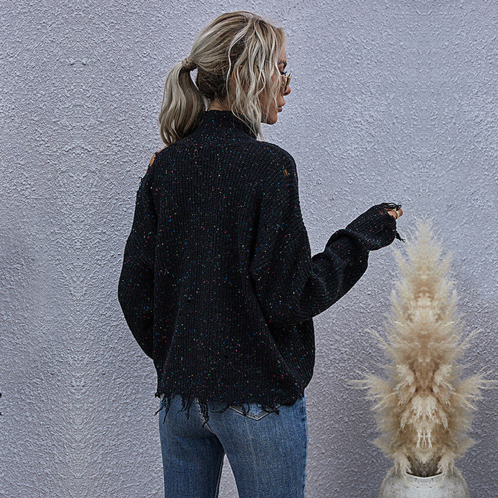 Women chunky knit sweater with high collar, asymmetrical shoulder cut-out and frayed hem Mune Fashion