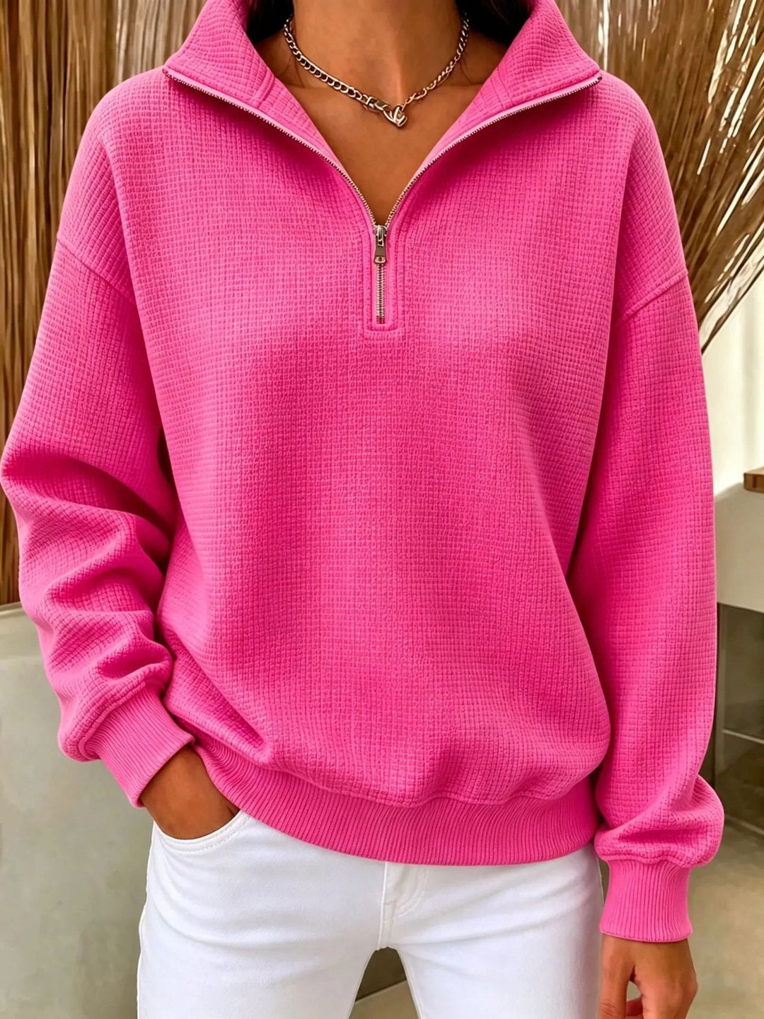 Women's Quilted Fleece Pullover with Half Zipper and Stand-Up Collar Mune Fashion
