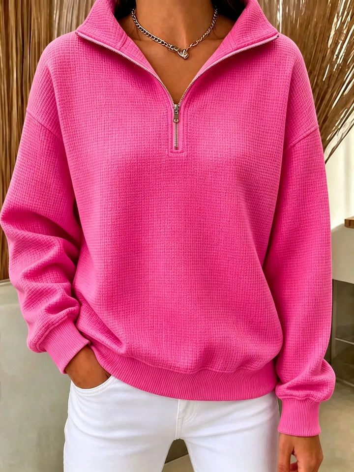 Women's Quilted Fleece Pullover with Half Zipper and Stand-Up Collar Mune Fashion