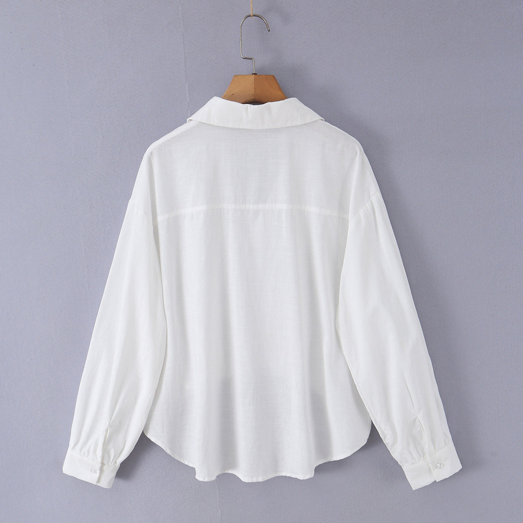 Women's loose cotton blouse with V-neck, shirt collar, and ruffled pointed hem Mune Fashion