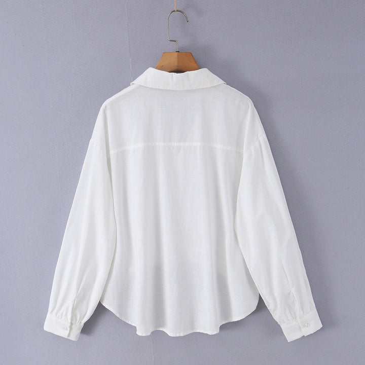 Women's loose cotton blouse with V-neck, shirt collar, and ruffled pointed hem Mune Fashion