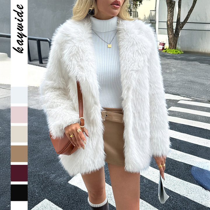 Women's cozy faux fur coat with wide shawl collar, lined and mid-length silhouette Mune Fashion