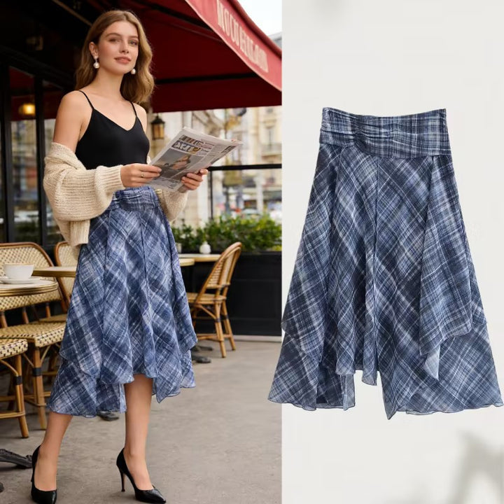 Women Asymmetrical multilayer midi skirt made of chiffon with wide waistband and check pattern Mune Fashion
