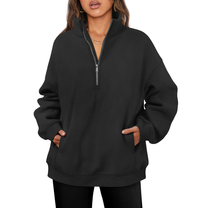Women's oversized half-zip pullover with stand-up collar, kangaroo pocket and ribbed cuffs Mune Fashion