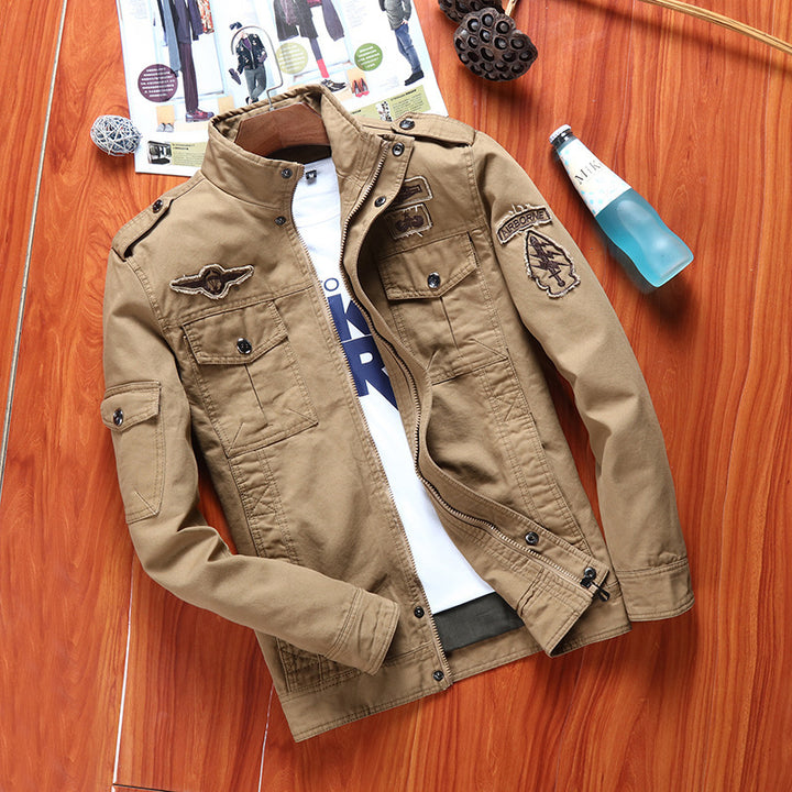Men's Robustly Cut Canvas Combat Jacket with Patches, Stand Collar and Multifunctional Flap Pockets Mune Fashion