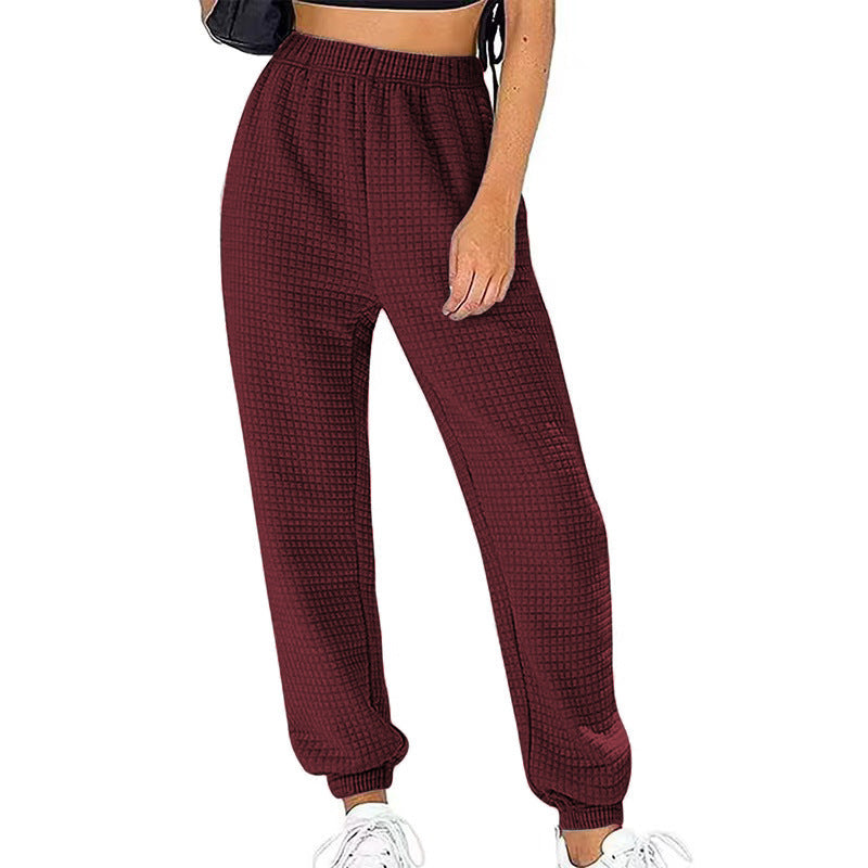 Women Waffle Knit Jogging Pants with High Waist and Elastic Cuffs Mune Fashion