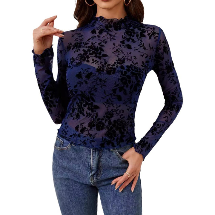 Women's nan transparent mesh top with velvety floral print and stand collar Mune Fashion