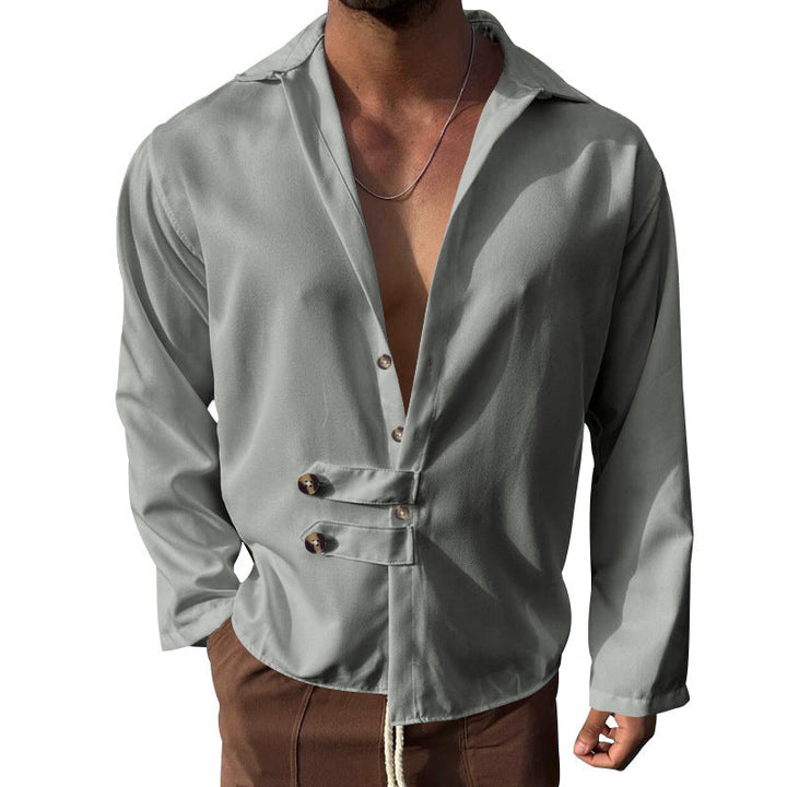 Men's Elegant Shirt with Innovative Button Design and Deep V-Neck Mune