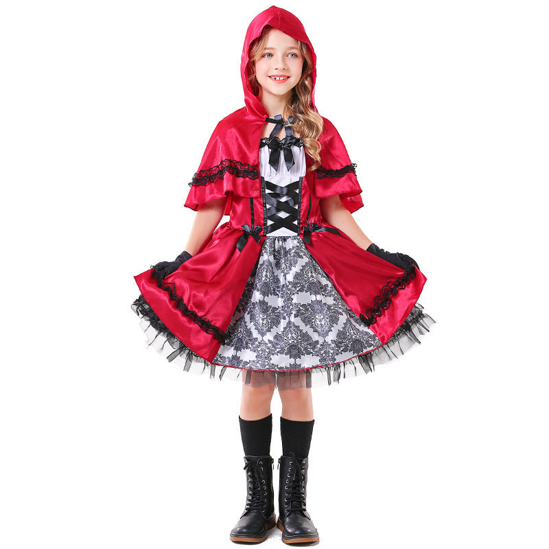 Girls Fairy Tale Little Red Riding Hood Costume with Elegant Tulle Skirt and Detail-Loving Cape Mune Fashion