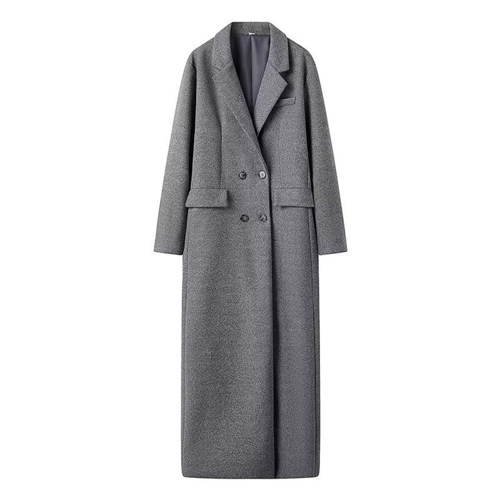 Women's extra long oversized wool blend coat with shawl collar, double-breasted button placket, and patch pockets Mune Fashion