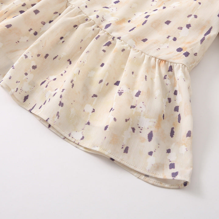 Ladies' bow blouse with ruffle trim, watercolor print and balloon sleeves Mune Fashion