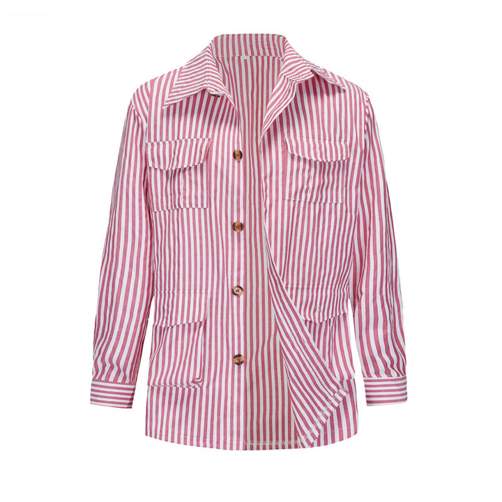 Women's striped shirt jacket made of cotton blend with patch breast and hip pockets Mune Fashion