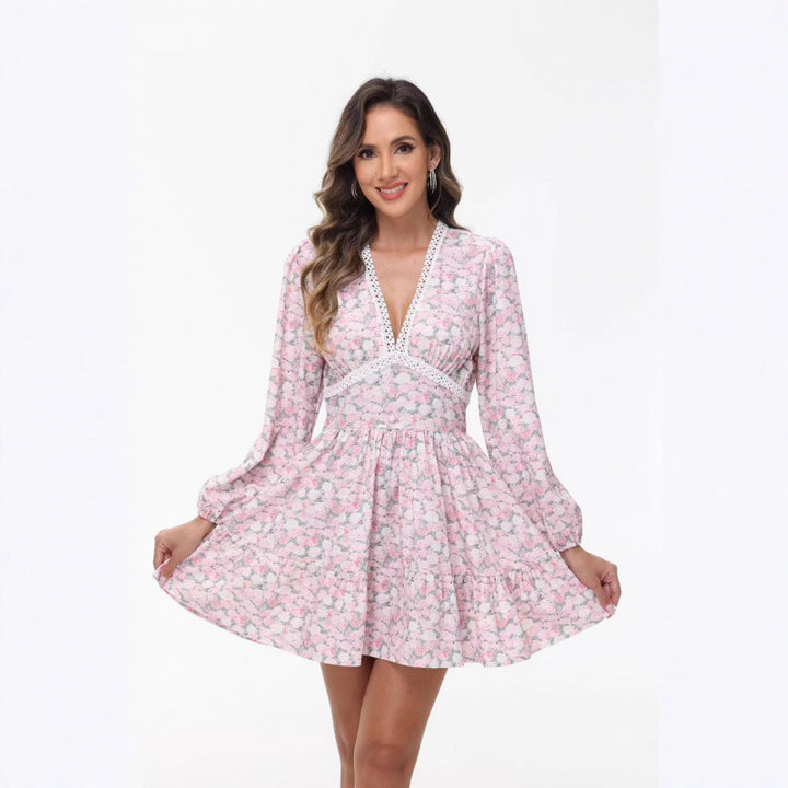 Women Boho floral mini dress with V-neck and puff sleeves Mune Fashion