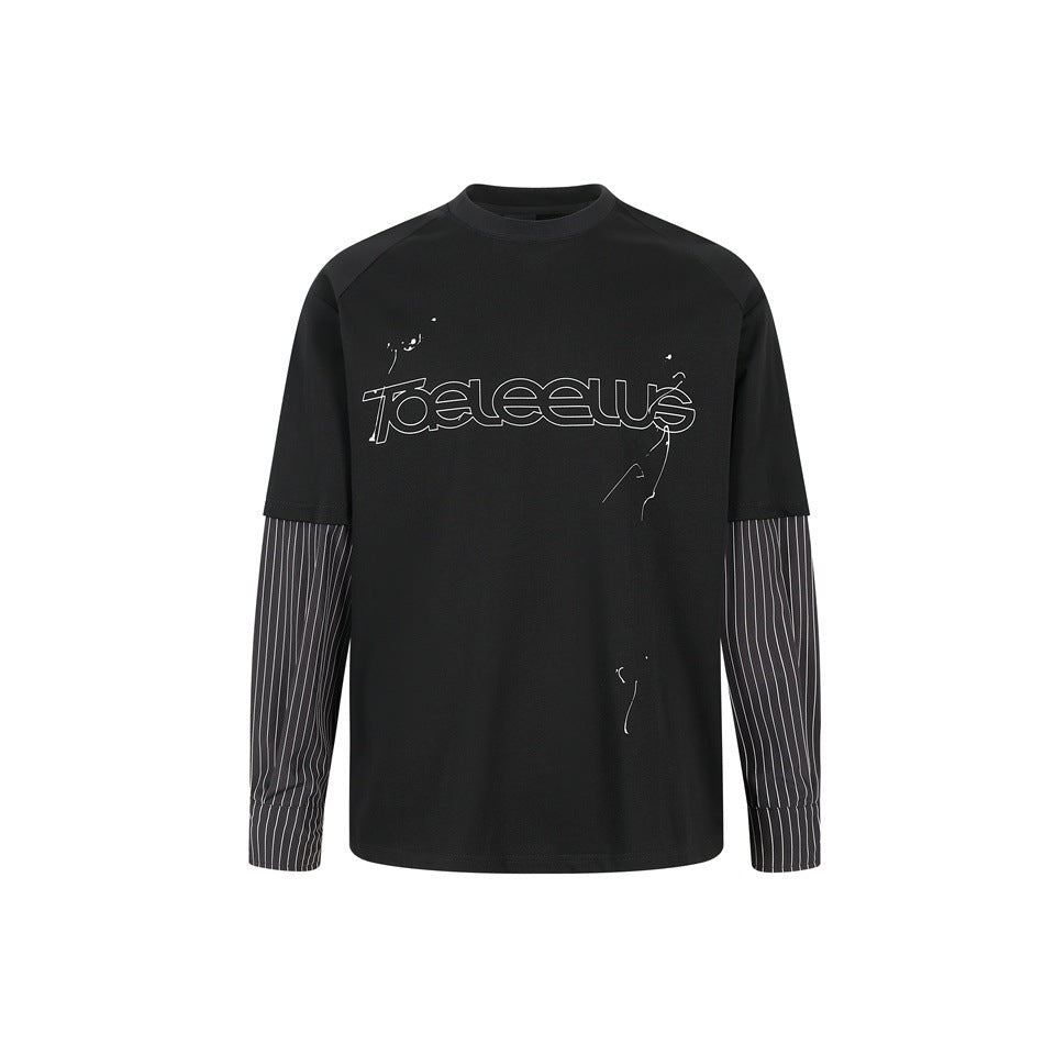 Unisex Layer Long Sleeve Shirt with Half Sleeve Overlay, Striped Contrast Sleeves and Tone-on-Tone Logo Mune Fashion