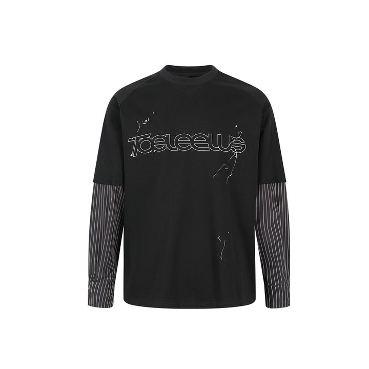 Unisex Layer Long Sleeve Shirt with Half Sleeve Overlay, Striped Contrast Sleeves and Tone-on-Tone Logo Mune Fashion