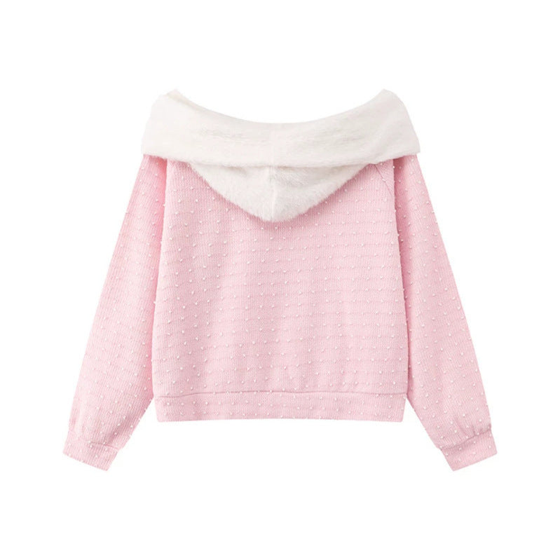 Women's Cozy Knitted Sweater with Large Faux Fur Shawl Collar and Kangaroo Pocket Mune Fashion