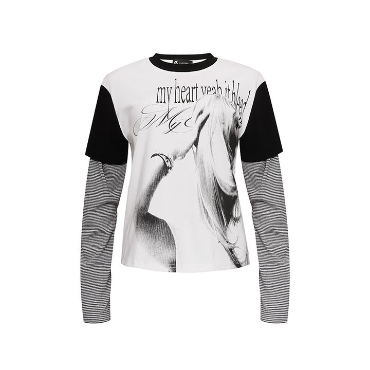 Women's Layered Long Sleeve Shirt with Photo Print, Contrasting Short Sleeves and Striped Inner Sleeves Mune Fashion