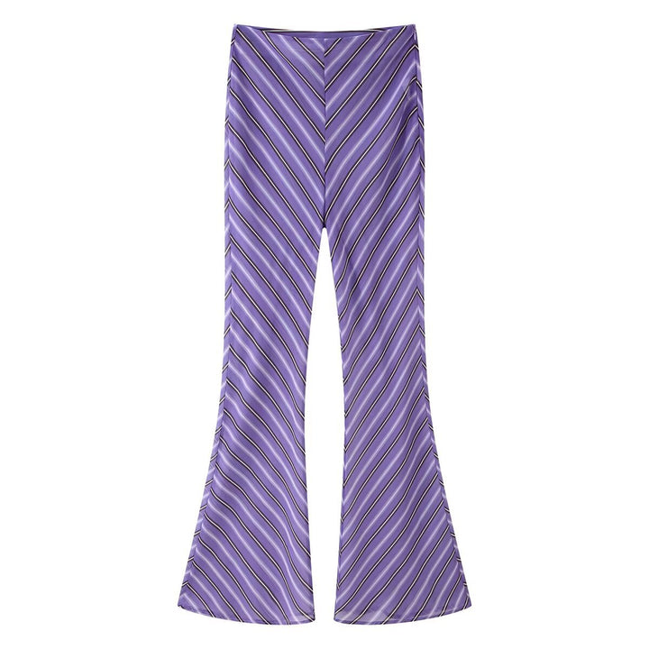 Women's Flared Satin Pants with Diagonal Stripe Look and High Waist Mune Fashion