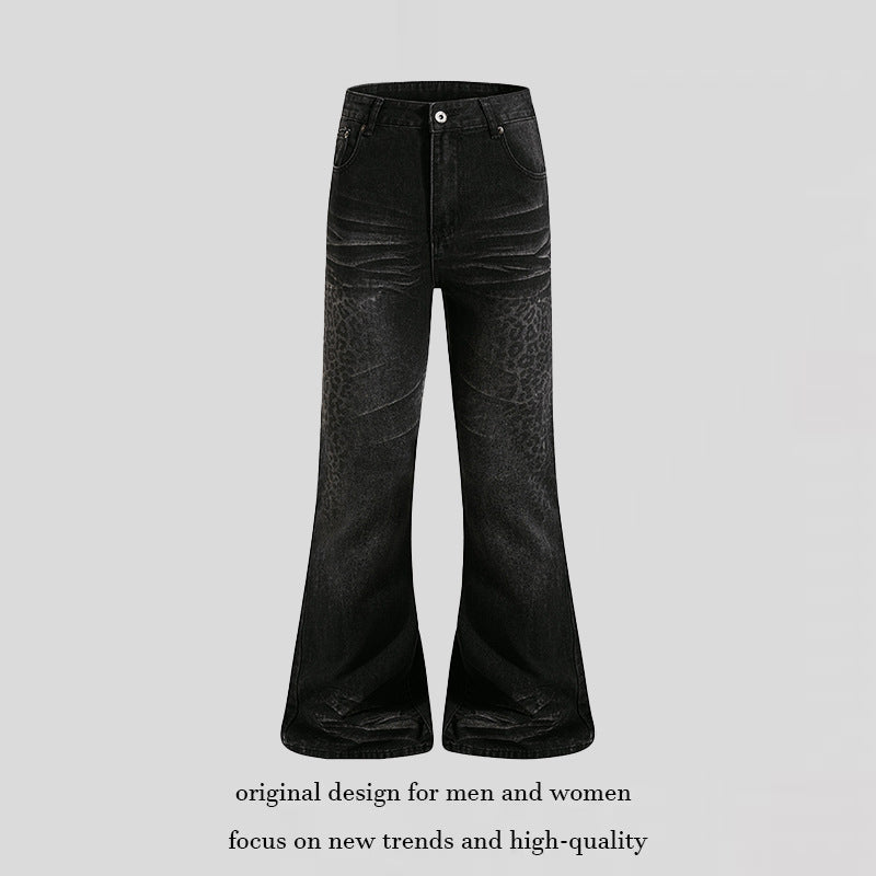 Women's High-Cut Flared Jeans with Subtle Leo Print and Used Wash Mune Fashion
