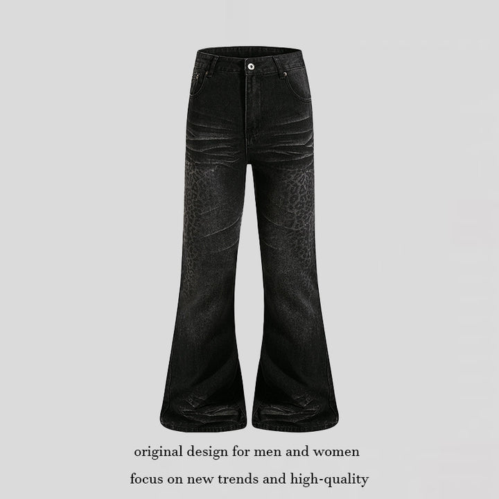 Women's High-Cut Flared Jeans with Subtle Leo Print and Used Wash Mune Fashion