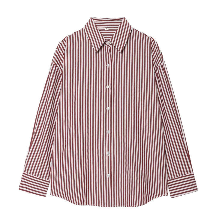 Women's Oversized Shirt Blouse with Vertical Striped Pattern and Kent Collar Mune Fashion
