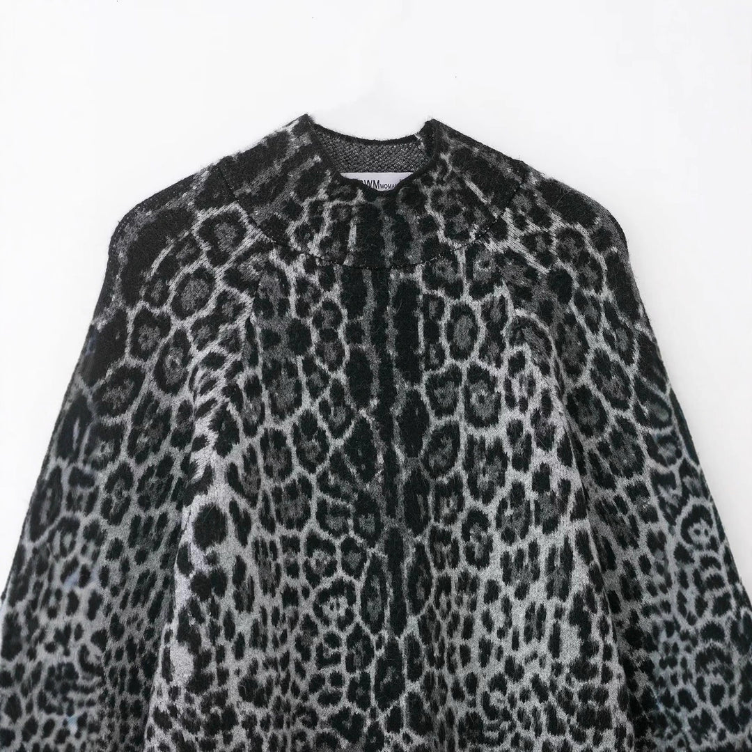 Women's Oversize Poncho with Leopard Jacquard, Structured Roll Neck and Flared A-Line Silhouette Mune Fashion