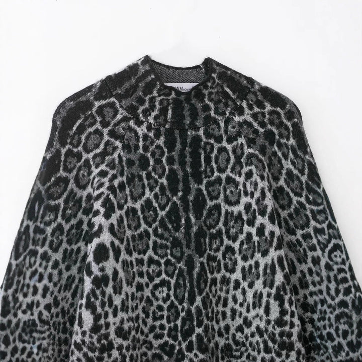 Women's Oversize Poncho with Leopard Jacquard, Structured Roll Neck and Flared A-Line Silhouette Mune Fashion