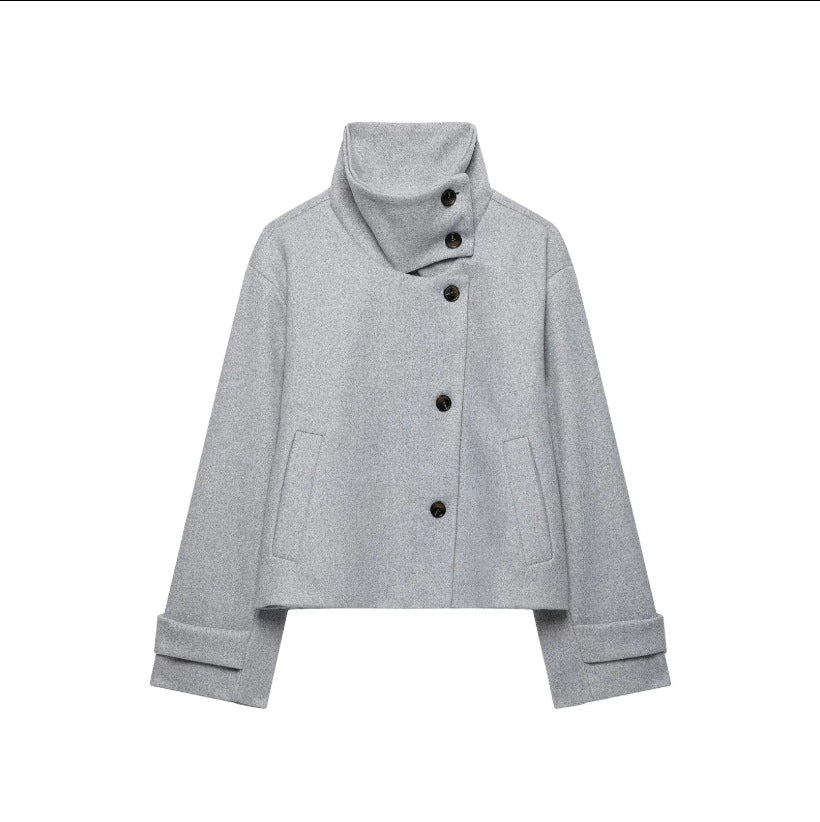 Women's Cropped Wool Blend Short Jacket with High Stand Collar, Asymmetric Button Placket and Cuffed Sleeves Mune Fashion