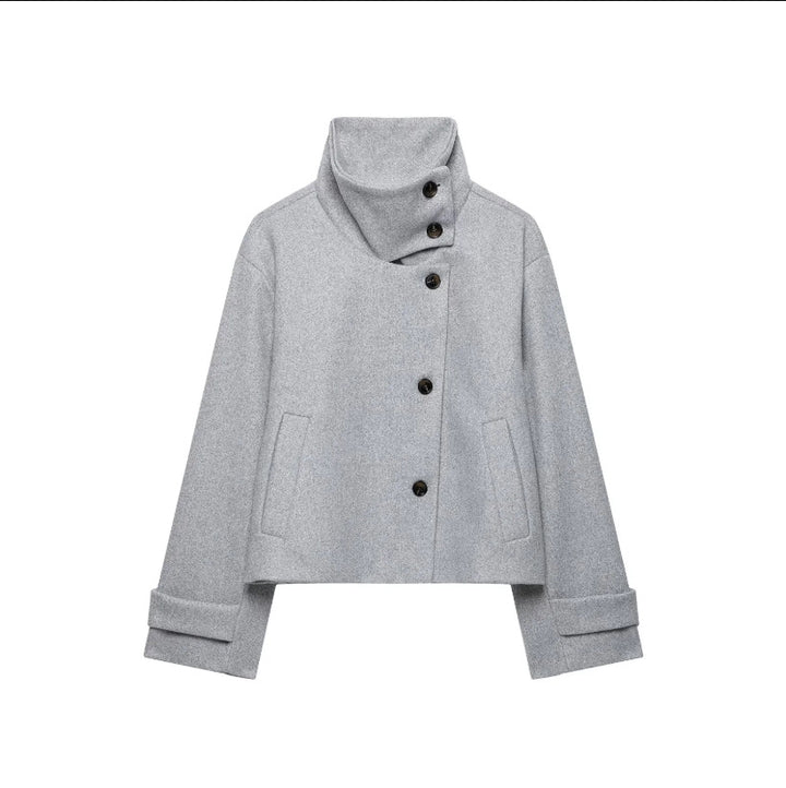Women's Cropped Wool Blend Short Jacket with High Stand Collar, Asymmetric Button Placket and Cuffed Sleeves Mune Fashion