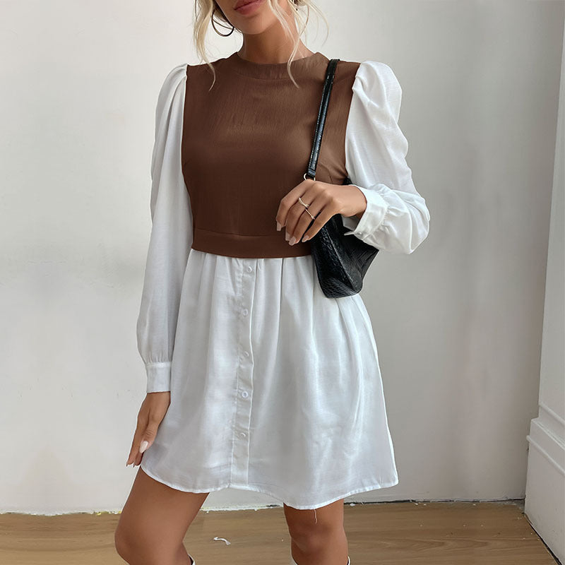 Ladies' shirt dress with inset cropped vest, puff sleeves, and tailored silhouette Mune Fashion