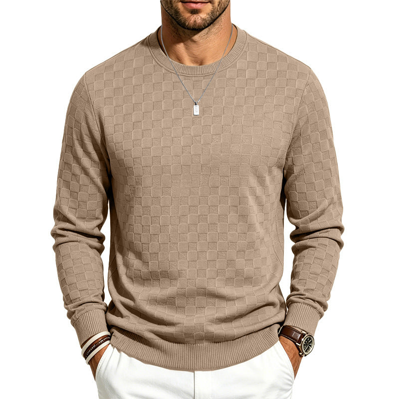Men's Plaid Fine Knit Crew Neck Sweater with Subtle Check Structure Mune Fashion