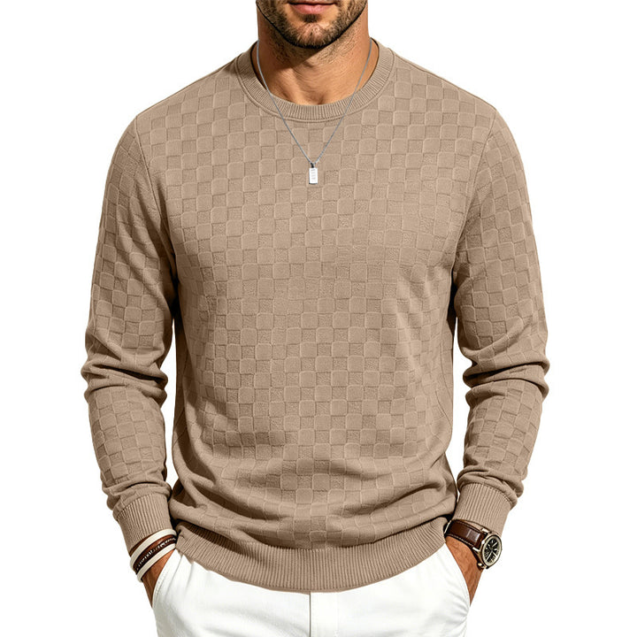 Men's Plaid Fine Knit Crew Neck Sweater with Subtle Check Structure Mune Fashion