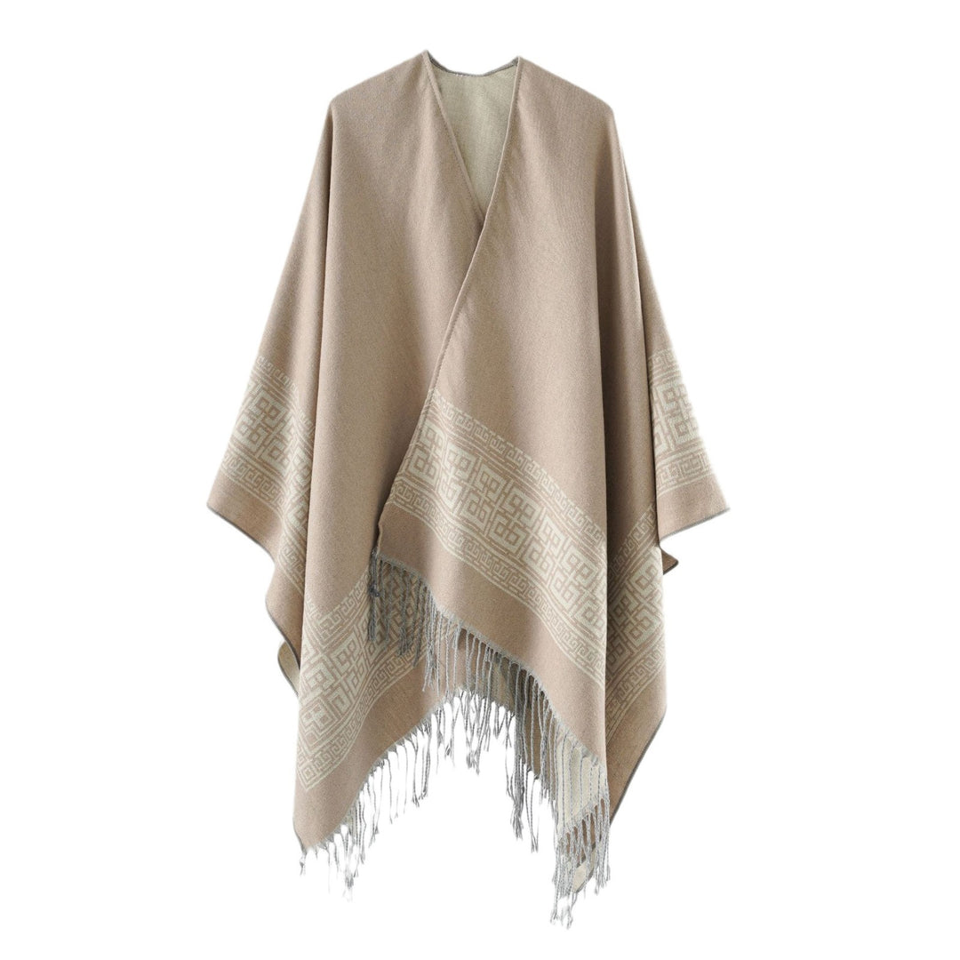Women's Reversible Wool Blend Kimono Style Wrap with Ornamental Border and Decorative Fringes