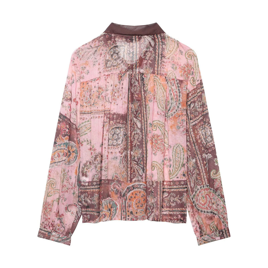 Women's chiffon blouse in paisley print with bow collar and ruffle front Mune Fashion