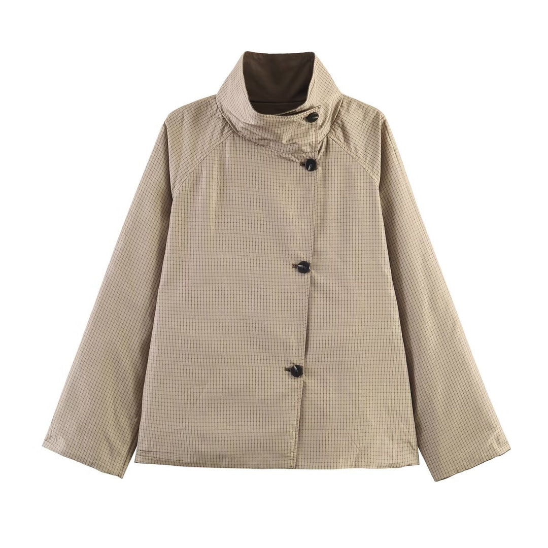 Women's Oversized Short Coat with High Stand Collar, Raglan Sleeves and Concealed Button Placket Mune Fashion