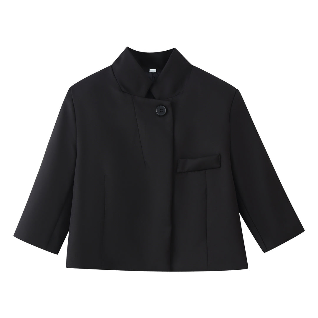 Women's short blazer with stand-up collar, boxy cropped silhouette and single-button closure Mune Fashion