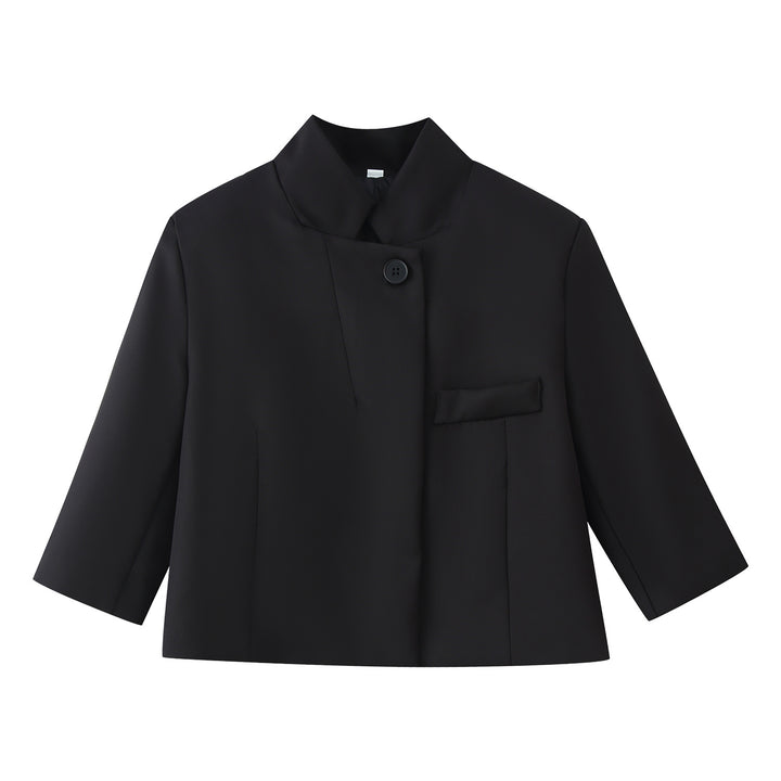 Women's short blazer with stand-up collar, boxy cropped silhouette and single-button closure Mune Fashion