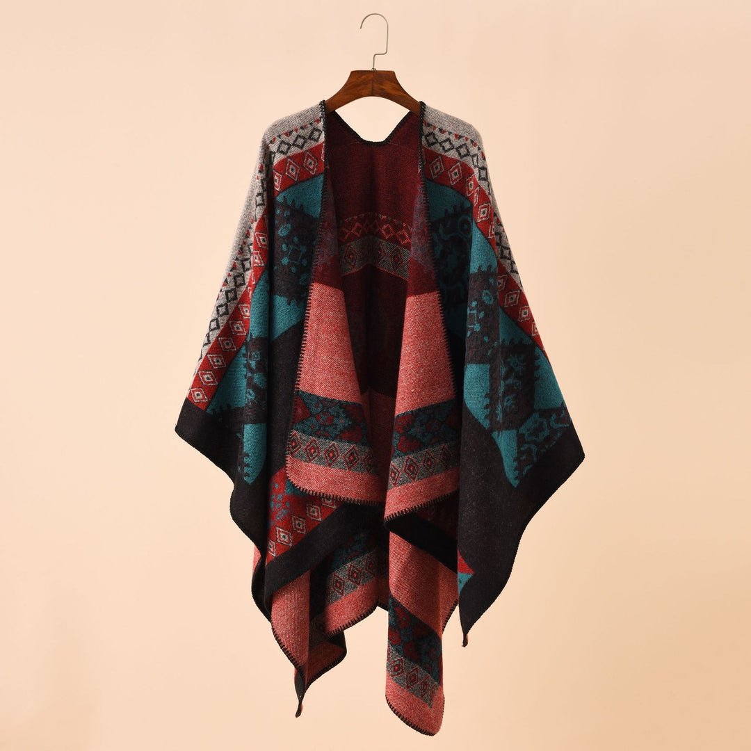 Women Jacquard Poncho Cape with Ethno Pattern and Wool Blend Mune Fashion