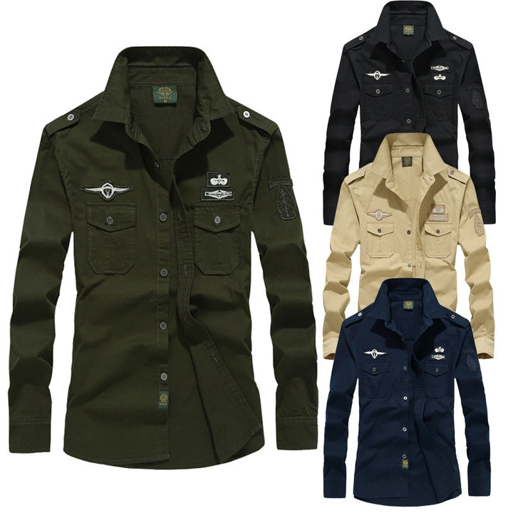 Men's military-inspired long-sleeve utility shirt with shoulder epaulettes, patch breast pockets, and badge Mune Fashion