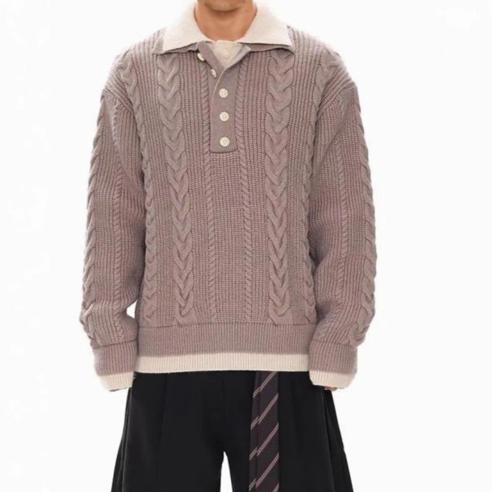 Men's Fashionable Chunky Knit Sweater with Polo Collar Mune Fashion