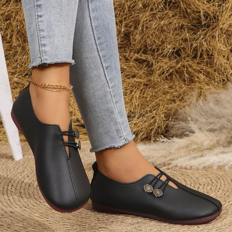 Damen Vintage-inspirierte Lederoptik Ballerinas mit quadratischer Zehenpartie und Zierknöpfen Mune Fashion
