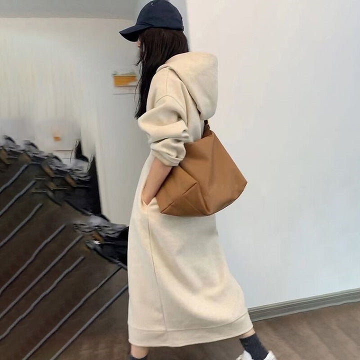 Women's Long Oversized Hoodie Sweat Dress with Side Pockets and Casual Maxi Silhouette Mune Fashion