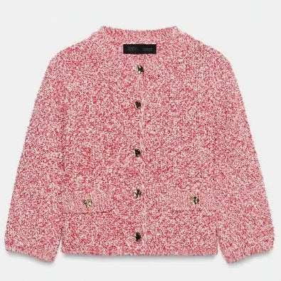 Women Boucle Cardigan in Cropped Boxy Cut with Decorative Buttons and Flap Pockets Mune Fashion