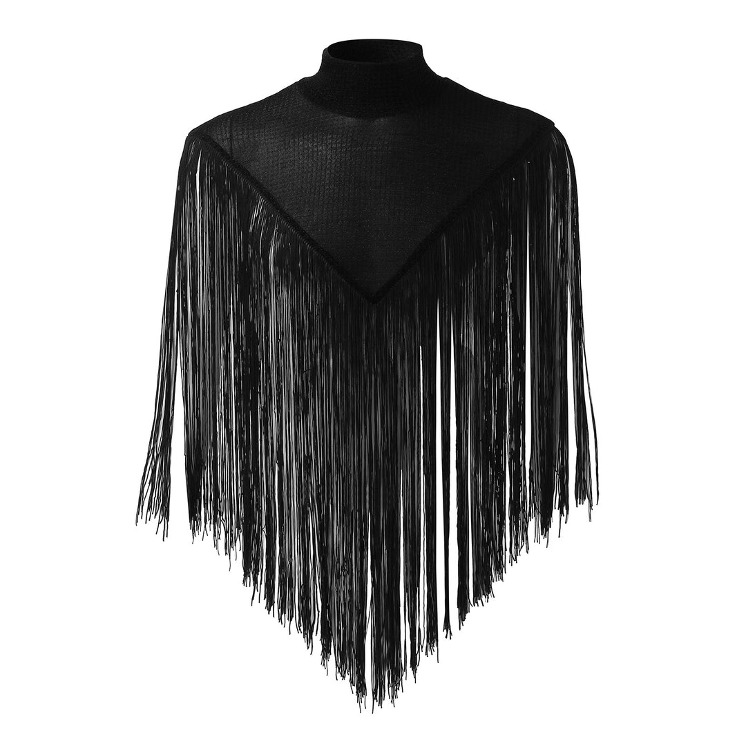 Ladies long fringed cape with turtleneck and V-shaped insert Mune Fashion