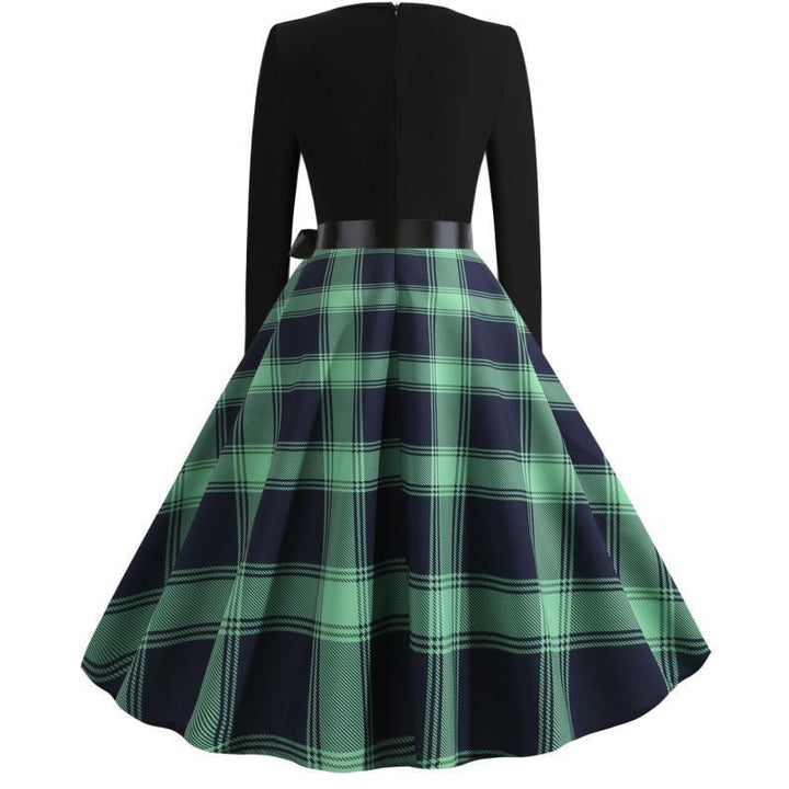 Women’s Retro Swing Dress with Zigzag Heart Neckline, Tailored Long Sleeve Top and Checkered Flared Skirt Mune Fashion