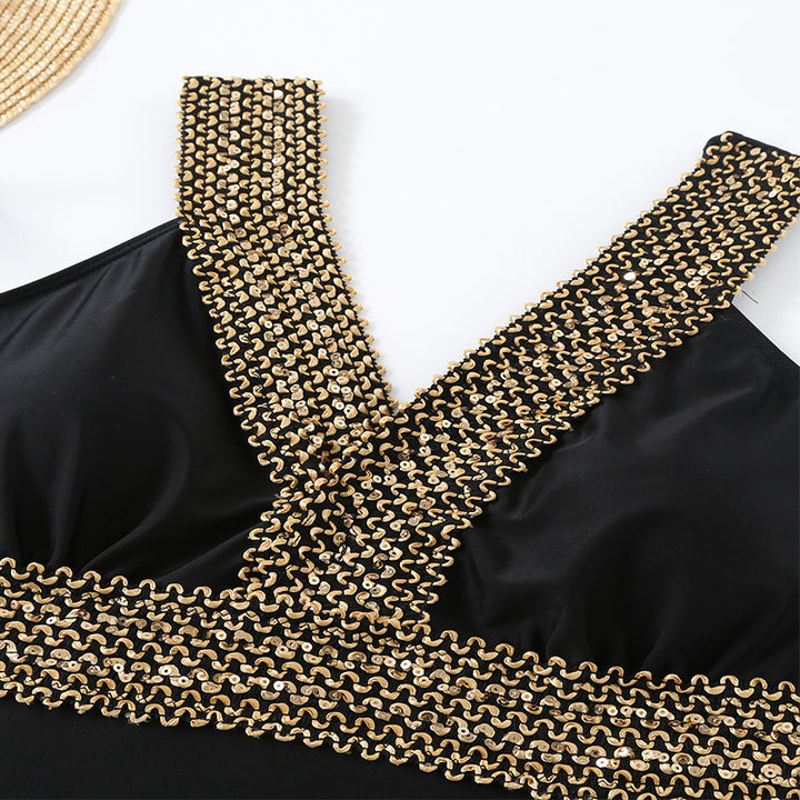 Women's One-Piece Swimsuit with V-Neck and Gold Accent Mune Fashion