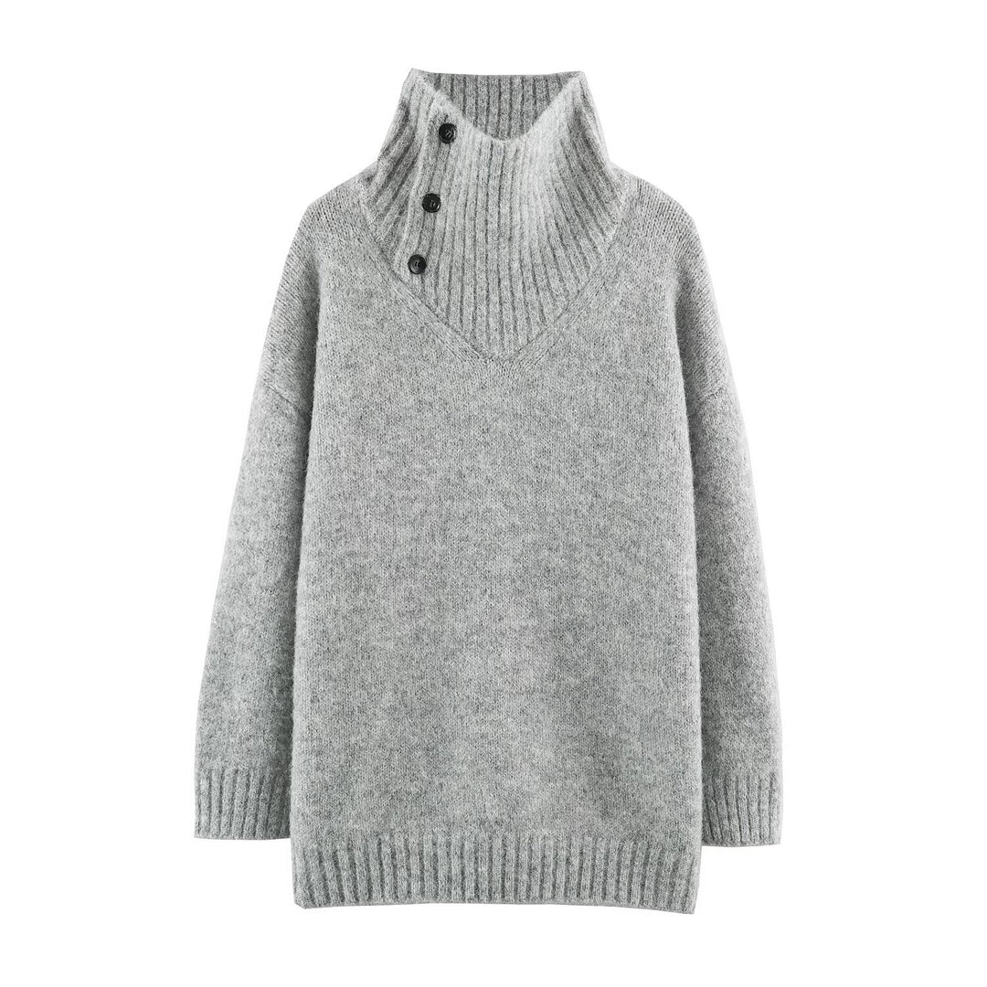Women's Oversized Knit Sweater with High Ribbed Collar, Button Detail and V-Neck Mune Fashion